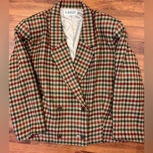 Women’s Vintage Wool Crop Boxy Checked Blazer Double Breasted Jacket Medium